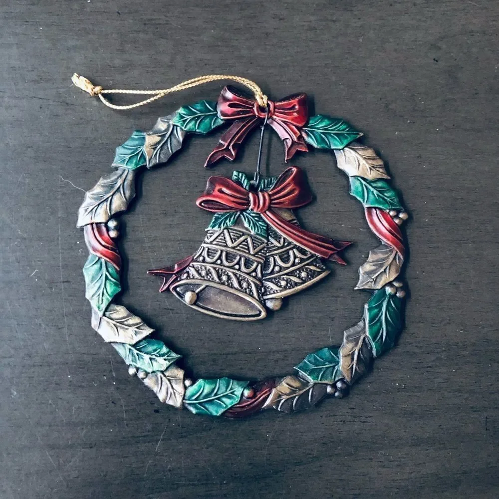 Russ Vintage Christmas Wreath Silver Holly Bells Holiday Ornament